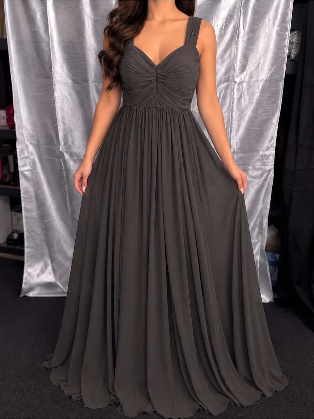 Alfred Sung D705 Chiffon Knit Keyhole Back Gunmetal Long Formal Dress Size 14